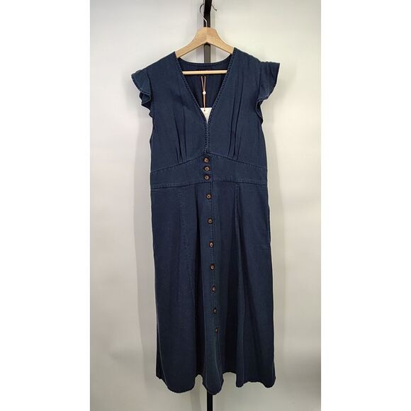 Quince Women Vintage Wash Tencel Button Front Midi Dress Midnight Blue L - Picture 2 of 3